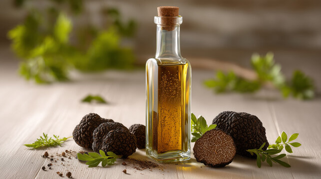 Golden truffle oil in a glass bottle surrounded by fresh black truffles and herbs on a rustic wooden surface, creating an elegant gourmet culinary composition.