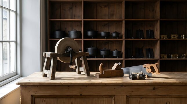 Traditional carpentry workshop featuring vintage hand tools and grinding stone on workbench.