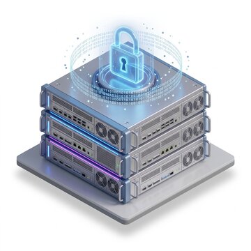 Isometric 3D render of secure server stack with blue glowing hologram padlock and binary code ring, cybersecurity and cloud data protection concept isolated on white background.
