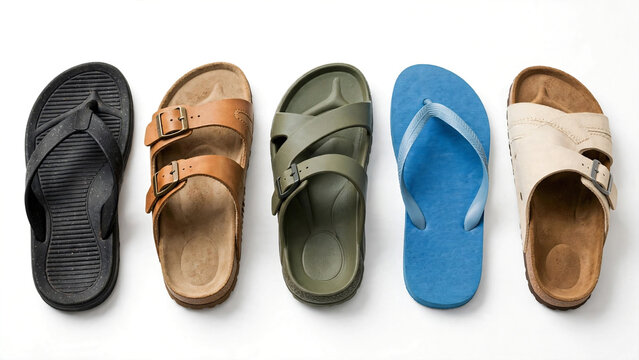 Assorted summer sandals with straps in black, brown, olive, blue, and beige