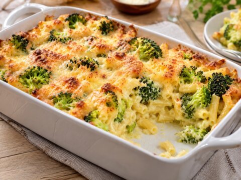 Traditioneller Brokkoli-Nudel-Auflauf mit cremiger Sauce und goldbraun geschmolzenem K&auml;se, frisch aus dem Backofen &ndash; beliebte deutsche Familienk&uuml;che mit Gem&uuml;se.