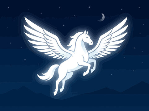 Majestic white Pegasus horse with spread wings flying in a starry night sky with crescent moon and mountains silhouette