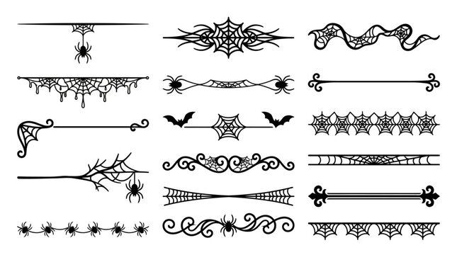 Gothic Halloween page dividers set, vintage spider web text borders, spooky decorative flourishes, creepy bat border ornaments for invitations isolated PNG with Transparent Background Editable EPS