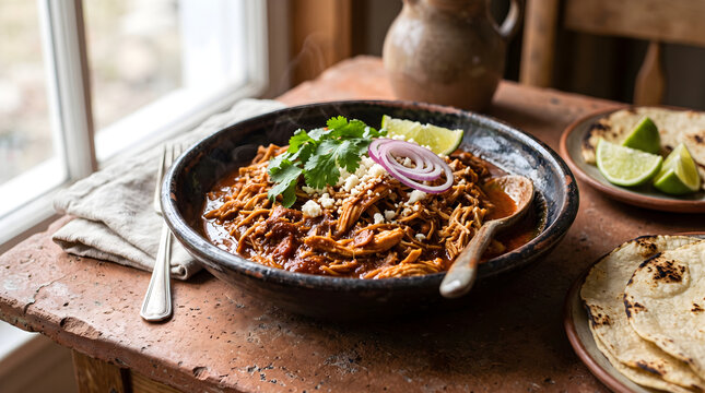 A delicious bowl of chicken tinga served with corn tortillas, fresh cilantro, lime, and red onion on a rustic table
