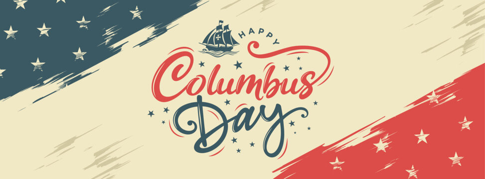 Happy Columbus Day vector illustration with 
Sailing ship and Retro vintage Abstract 
American flag background banner