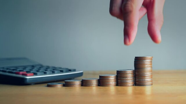 Hand stacking coins on top stack with calculator for financial investment growth concept