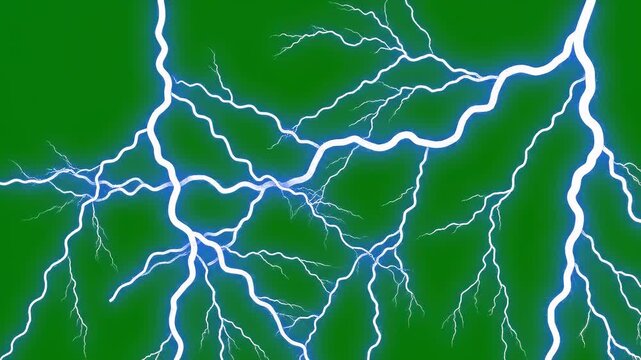 Dynamic blue lightning strikes across a vibrant green background with energetic electrical discharges and atmospheric energy