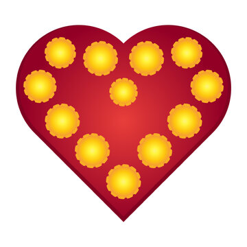 Valentines Day heart shape love romantic design element yellow marquee light bulbs. Dark red heart symbol studded with glowing yellow circular marquee bulb lights vector illustration