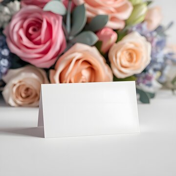 Wedding place card mockup displayed among mixed pastel roses in soft natural lighting