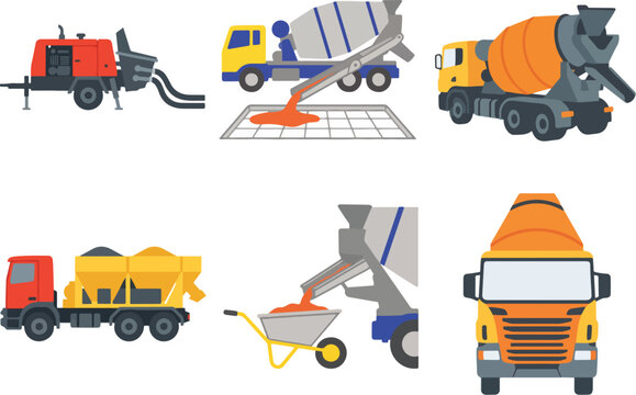 Concrete Mixer Truck, Trailer Pump, Cement Pouring Chute, and Wheelbarrow Flat Vector Icons Set