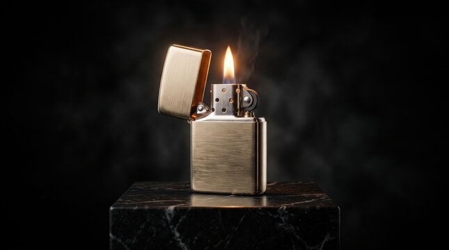 Brushed gold metal lighter with burning flame on marble pedestal