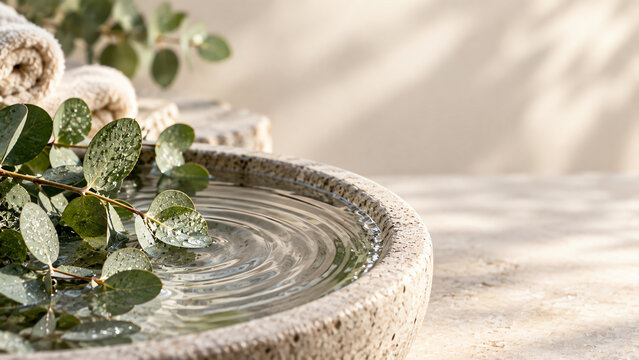 Stone bowl with water ripples and eucalyptus branches, rolled towels on a beige surface with soft sunlight shadows