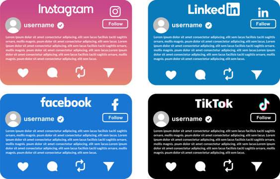 A set of social media post cards and user interface (UI) elements, interfaces for popular platforms such as Instagram, LinkedIn, Facebook, and TikTok, and modern profile design templates
