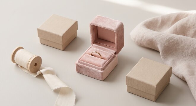 Golden wedding band nestled in an open pink velvet ring box, surrounded by neutral gift boxes, a delicate silk ribbon, and soft draped fabric, bathed in gentle light.