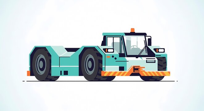 Flat vector illustration of a modern airport pushback tractor for ground handling, featuring a clean teal design and heavy-duty tires isolated on a minimalist light background.