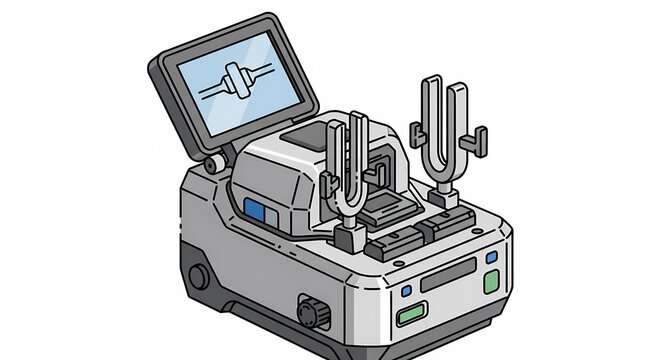 Isometric illustration of a professional fiber optic fusion splicer machine with a monitor for high-speed internet cable connection and telecommunication maintenance.