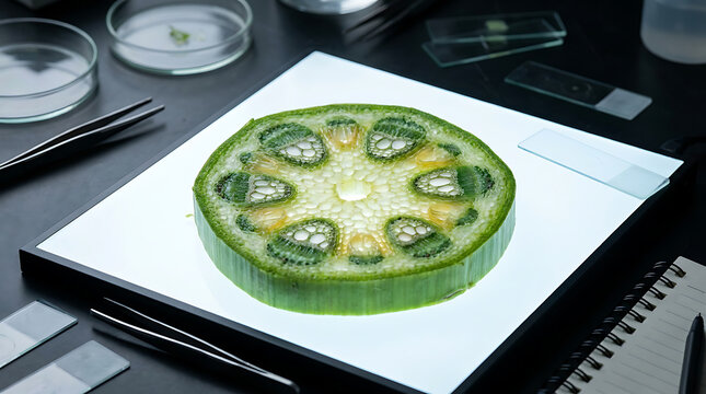 Cross-section of a green plant stem resting on a backlit laboratory light pad