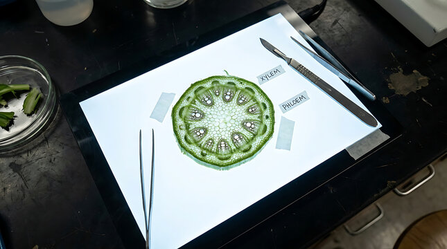 Cross section of a plant stem with labels for xylem and phloem on a light table