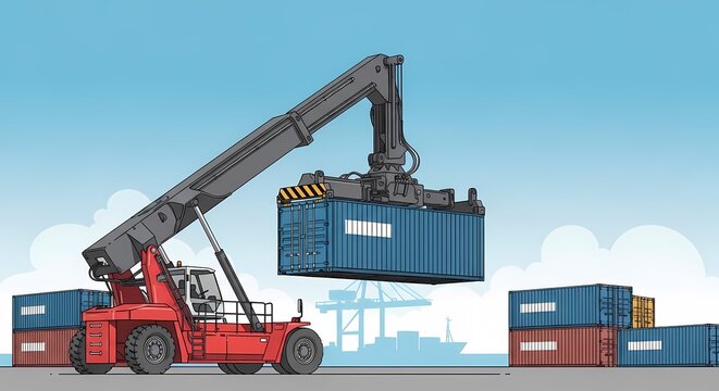 Red heavy reach stacker lifting a blue shipping container at a maritime port terminal for global logistics and international freight trade, flat vector style illustration.