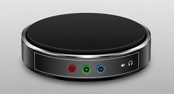 Sleek circular electronic interface base with glowing touch controls for smart appliances or audio equipment featuring power and volume icons on grey background