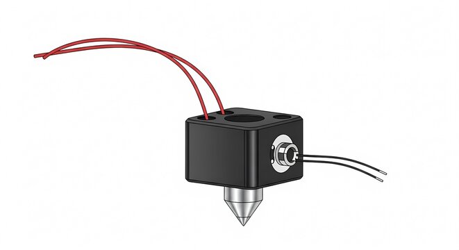 Technical 3D model of a 3D printer extruder hotend with nozzle and wiring isolated on white for industrial manufacturing and additive technology prototyping.