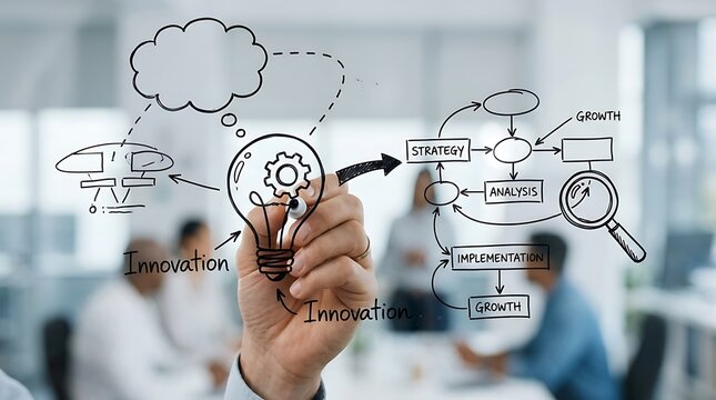 Business professional drawing a creative innovation and strategy flowchart on a glass office wall.