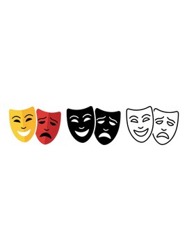 Set of Comedy and Tragedy Theater Masks in Color, Silhouette, and Outline Styles for Drama and Performance Arts