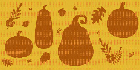 Obraz premium Halftone-style autumn pumpkins, acorns, and oak leaves in warm orange and brown tones. A retro-style autumn design for posters, packaging, greeting cards, textiles, and seasonal graphics.