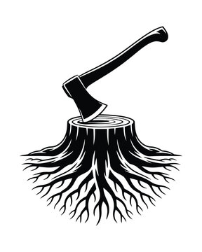 Black and white of an axe embedded in a tree stump with visible roots on a white background