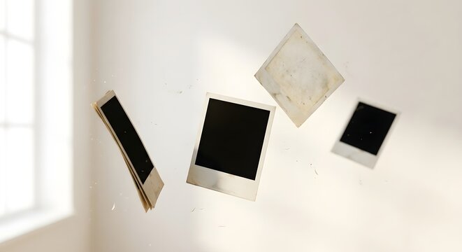 Floating instant photographs drift against a bright white wall and window light