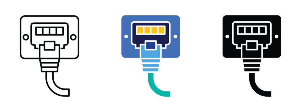 Ethernet port icon set with plugged network cable