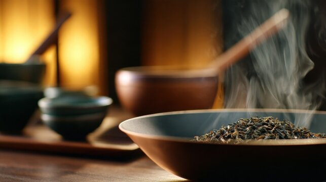 A bowl of steaming tea leaves with blurred pottery in the background and warm lighting effects