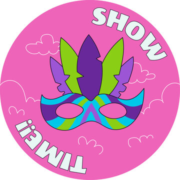 Brazilian carnival masquerade mask feathers cute vector flat illustration pink background. Decorated party face mask round sticker badge emblem design artwork