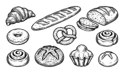 Hand drawn bakery and pastry collection featuring croissants, baguettes, bread loaves, donuts, pretzels, cinnamon rolls, muffins, and sweet pastries © QueenPuja