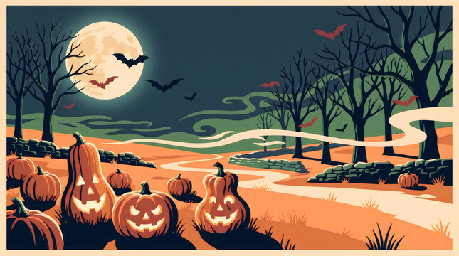 Pumpkin patch with glowing jack o lanterns under full moon for halloween holiday.