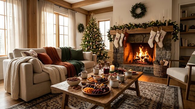 Cozy Living Room Decorated for Christmas Holidays with a Warm Fireplace and Festive Seasonal Treats on a Coffee Table