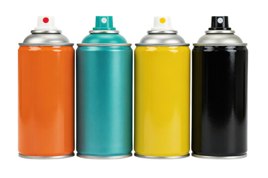 Four metal spray paint cans in orange, teal, yellow, and black colors standing in a row isolated on a transparent background