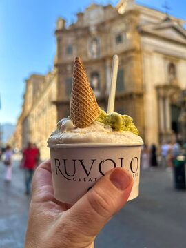 Palermo Italy July 2 2026 Gelato ice cream against the background of Italian streets. Symbol of hot summer, Sicilian gelato.