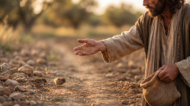 parable of the sower jesus scattering seeds on the path birds devouring rocky ground golden hour photorealistic biblical scene left composition right copyspace
