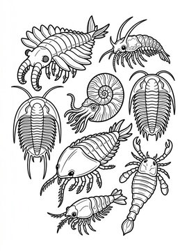 Set of prehistoric sea creatures line art featuring trilobite, ammonite, and eurypterid for educational coloring book.