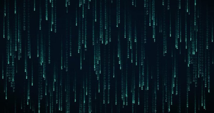 Animated Matrix-style rain with Japanese katakana characters in a teal circuit palette, creating a deep tunnel parallax effect with soft neon bloom and surging fall speed.