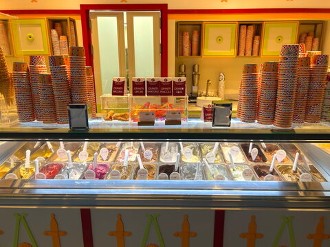 Palermo Italy May 2 2026 Gelateria showcase. Different types of ice cream, pistachio, tiramisu, chocolate. Italian ice cream in assortment. Traditional summer dessert.