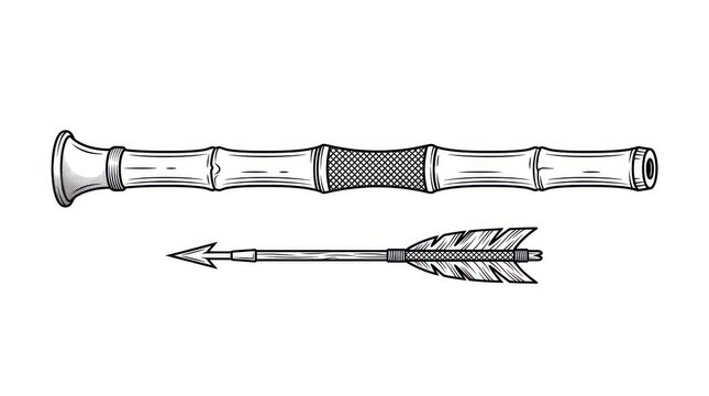 Vintage Hand Drawn Illustration of a Traditional Bamboo Blowgun and Dart Arrow Isolated on White Background