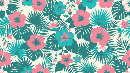 Vibrant seamless tropical pattern with pink and teal hibiscus flowers, green monstera deliciosa leaves, and palm fronds on a light cream background for summer textile design. © Robich Art
