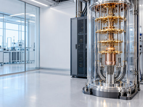 Quantum computer with cryogenic cooling system in a modern laboratory