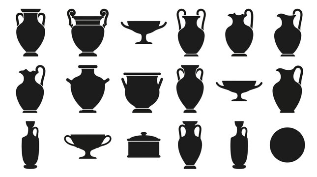 Ancient Greek Pottery Collection, Black Silhouette Vases and Urns, Classical Ceramic Vessels, Historical Artifacts Vector Set