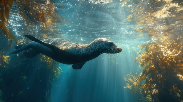 Dynamic underwater photo of sea lion in kelp forest Canon EOS R5 35mm f4