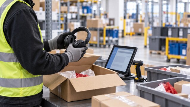 Warehouse employee checking returned headphones against a digital return record, illustrating ecommerce reverse logistics, product verification, customer returns and inventory processing workflow