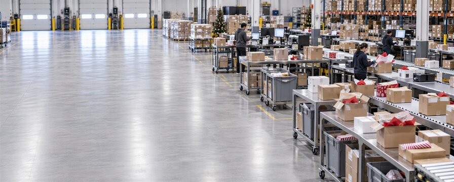 Wide post-holiday returns processing center with multiple workstations, parcels and seasonal packaging, illustrating ecommerce reverse logistics backlog, retail returns and warehouse operations