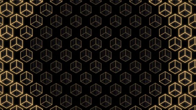 Golden geometric cube pattern on black seamless background